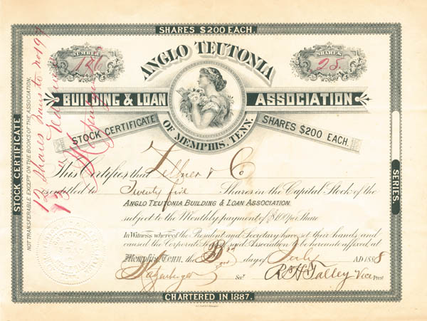 Anglo Teutonia Building and Loan Assn of Memphis, Tenn - Stock Certificate